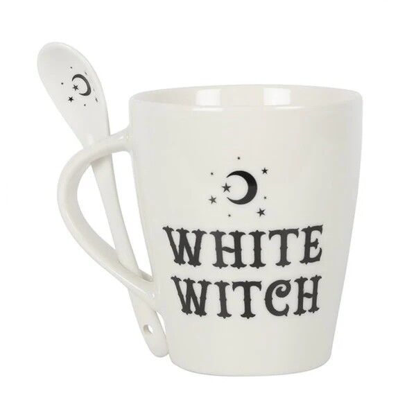 white witch mug and spoon set