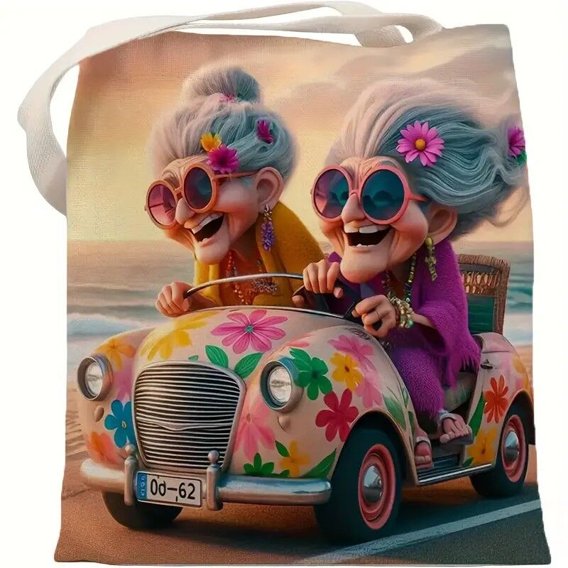 retro car and floral beach sunset tote bag main 1 retro canvas tote bags