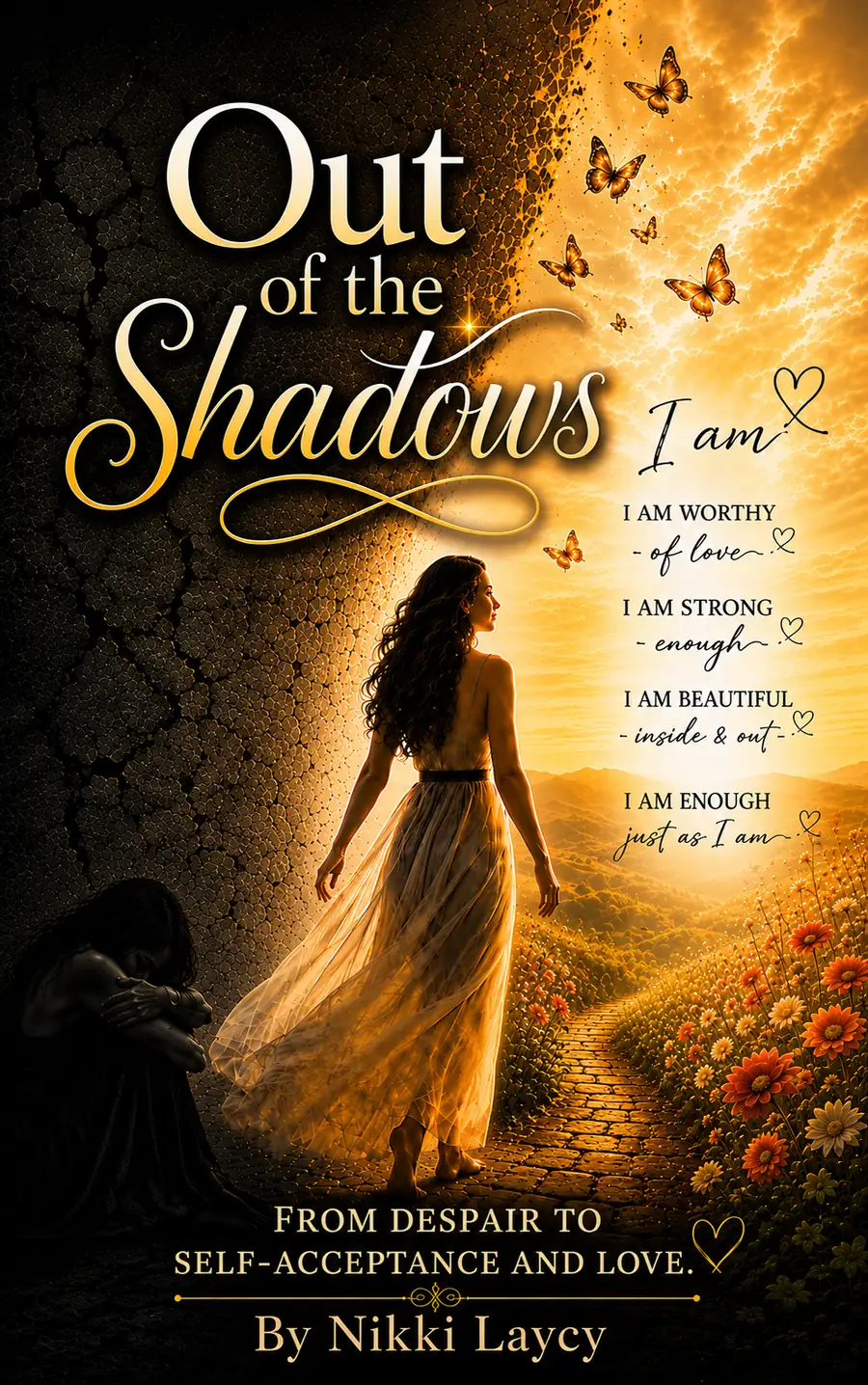 Out of the Shadows – Book Cover by Nikki Laycy Out of the Shadows book cover by Nikki Laycy, showing a woman walking from darkness into golden light, symbolising healing and self-acceptance.